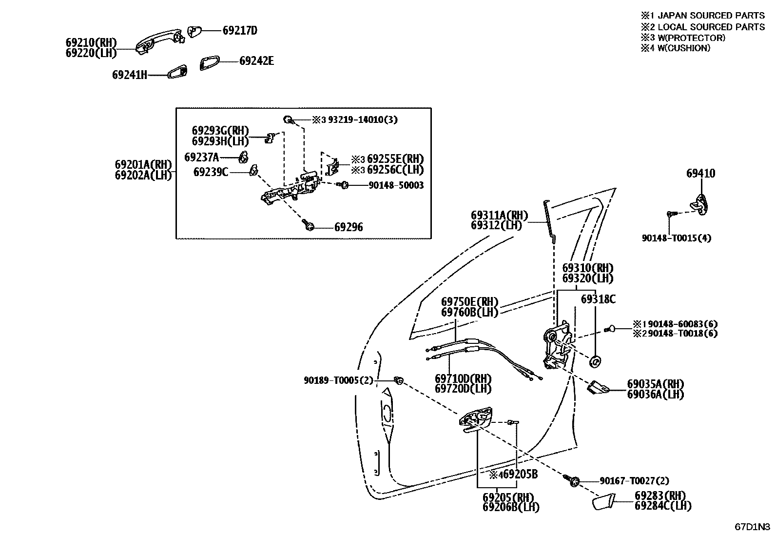 Toyota HILUX 前门锁和车门把手 EPC diagram — 67D1N3