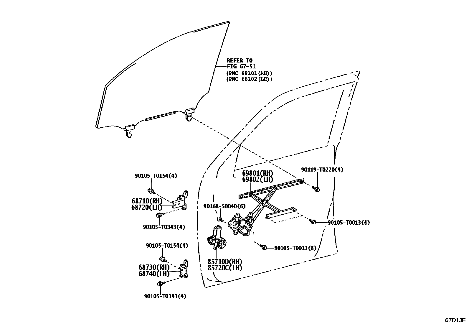 Toyota HILUX 前门车窗升降器和合页 EPC diagram — 67D1JE