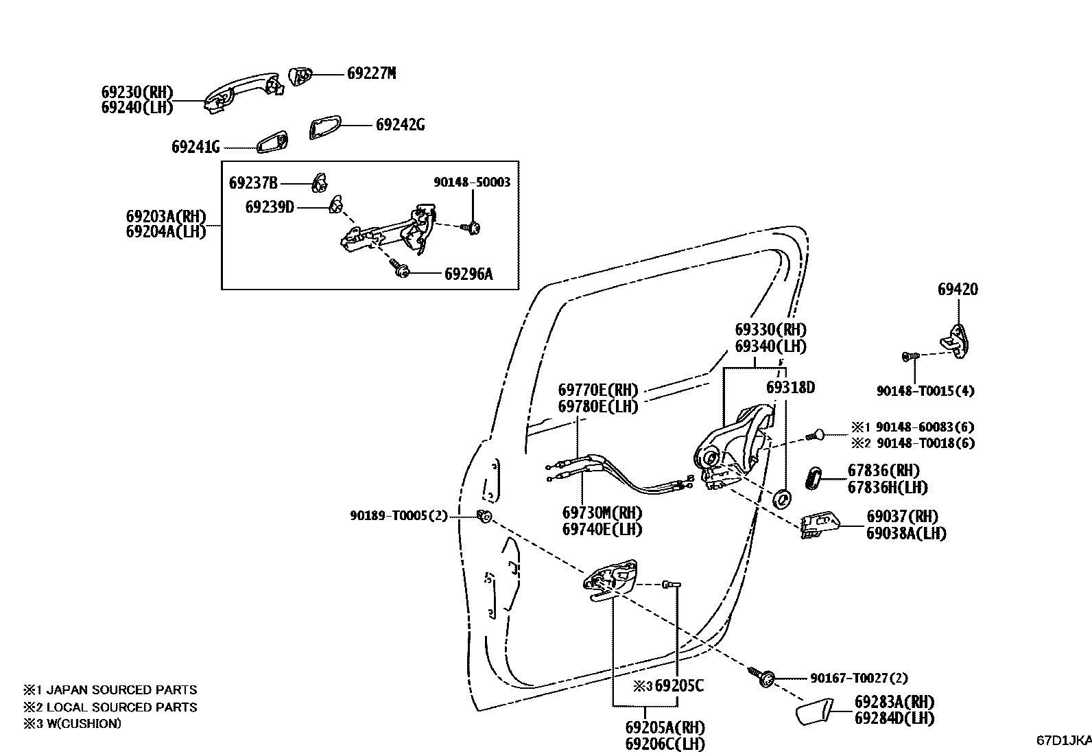 Toyota HILUX 后门锁和后门把手 EPC diagram — 67D1JKA