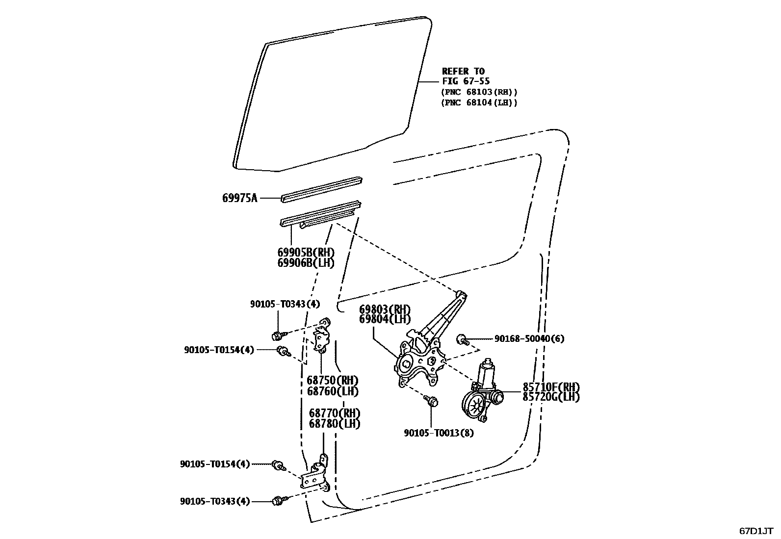 Toyota HILUX 后门车窗升降器和合页 EPC diagram — 67D1JT