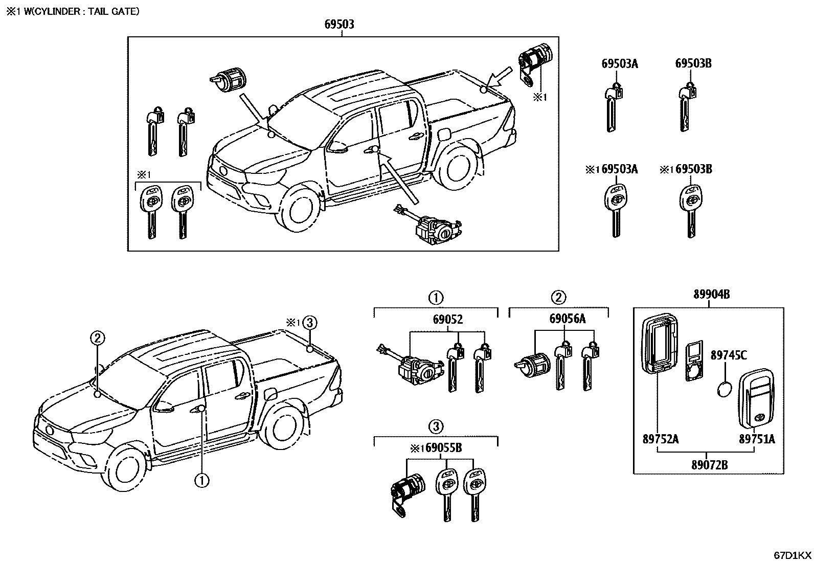 Toyota HILUX 锁芯组件 EPC diagram — 67D1KX