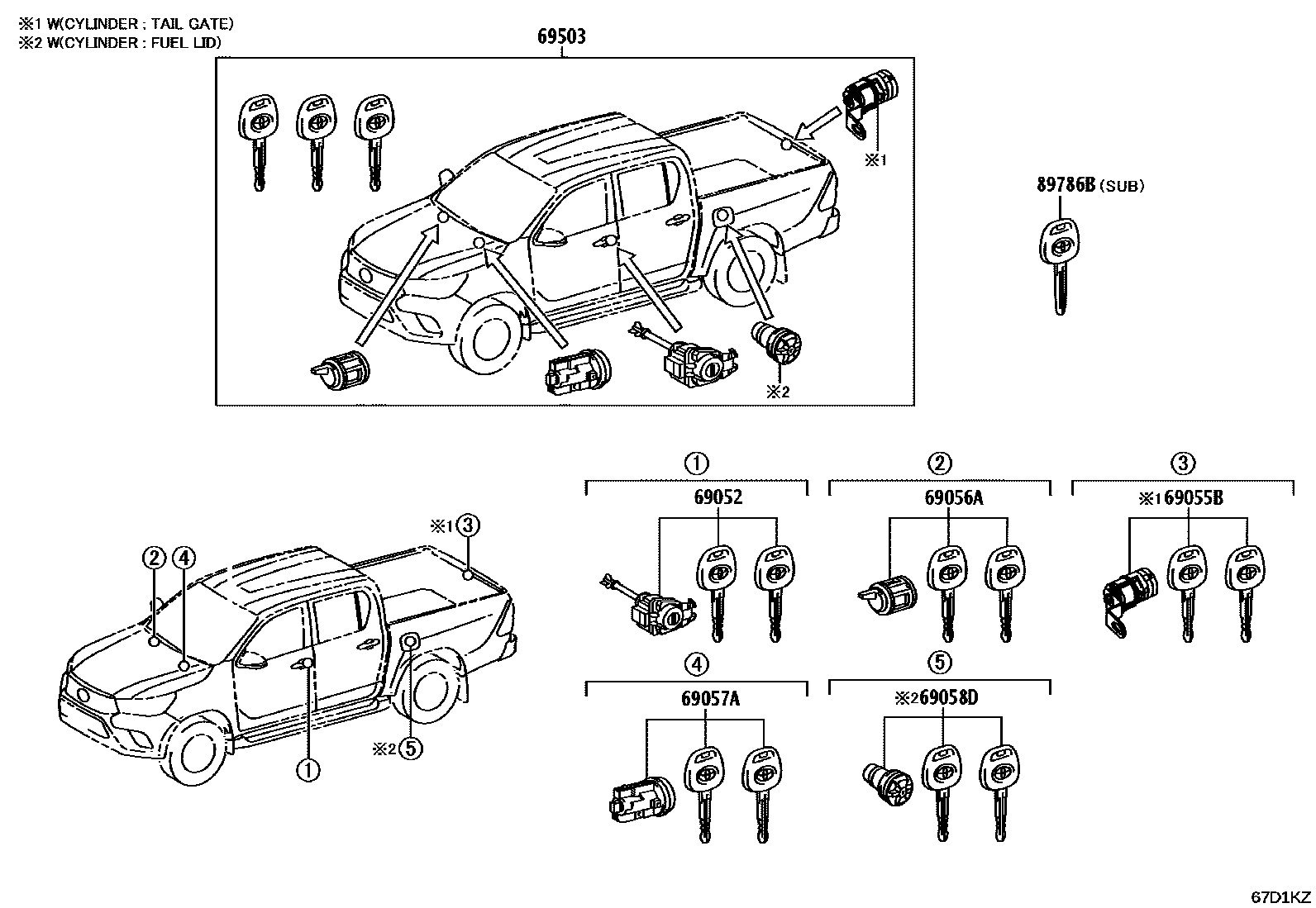 Toyota HILUX 锁芯组件 EPC diagram — 67D1KZA