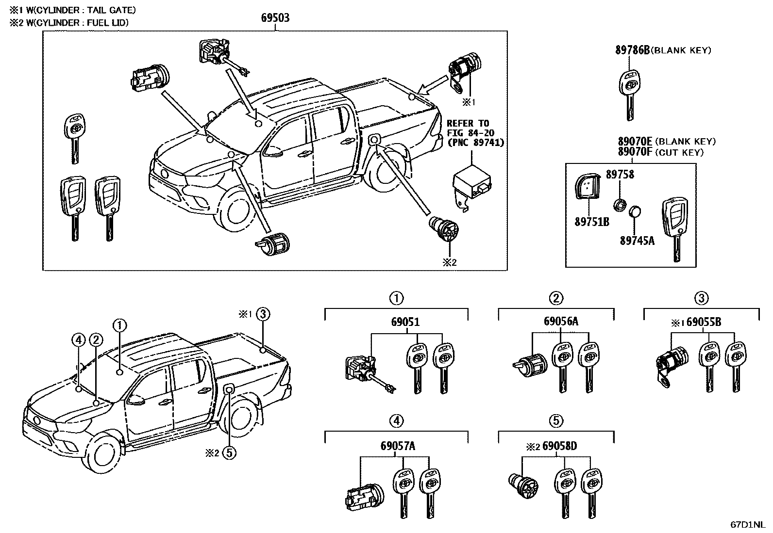 Toyota HILUX 锁芯组件 EPC diagram — 67D1NL