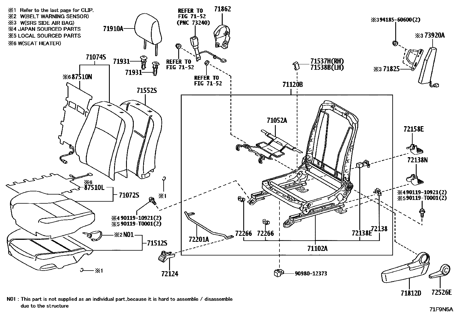 Toyota HILUX 座椅和座椅滑轨 EPC diagram — 71F9N5A