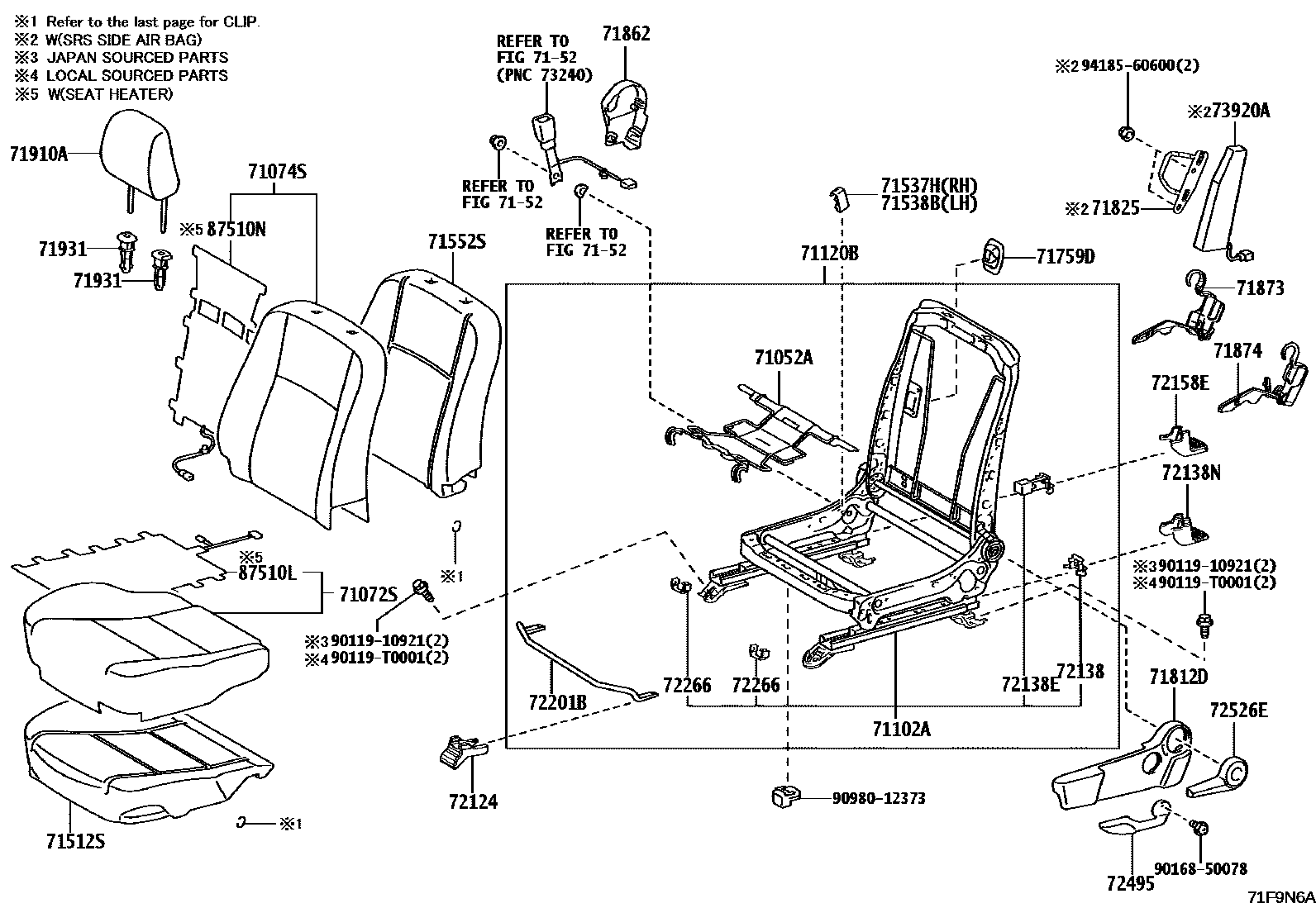 Toyota HILUX 座椅和座椅滑轨 EPC diagram — 71F9N6A