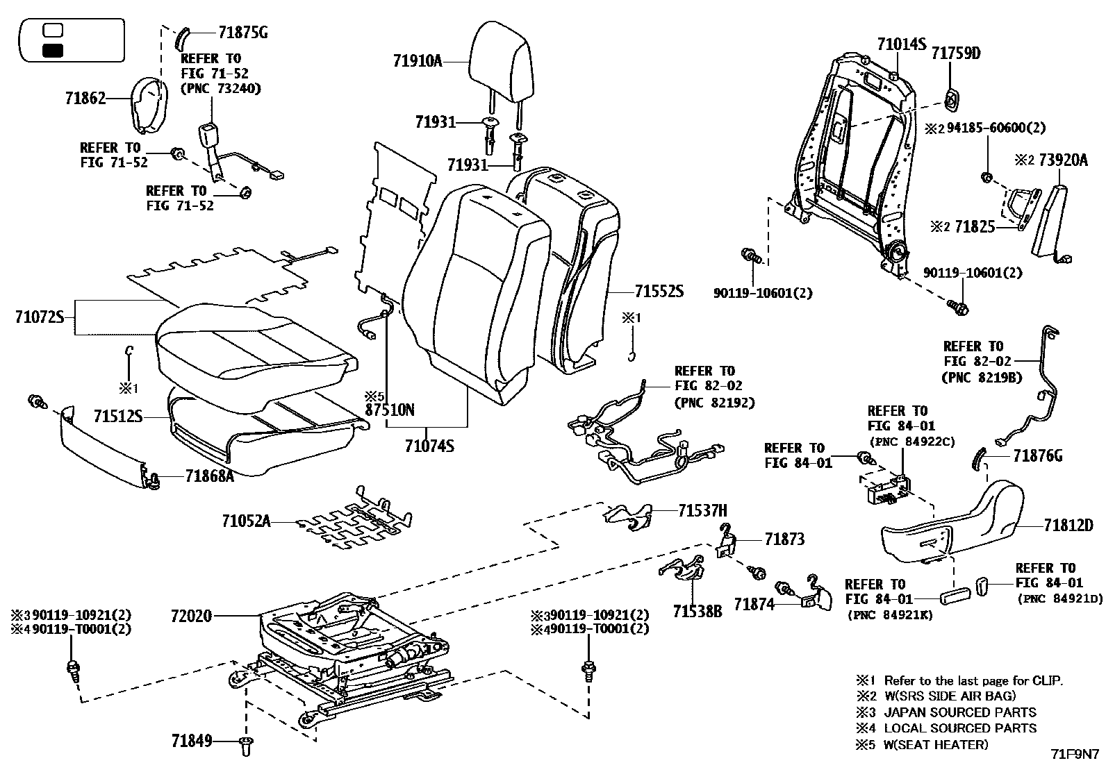 Toyota HILUX 座椅和座椅滑轨 EPC diagram — 71F9N7