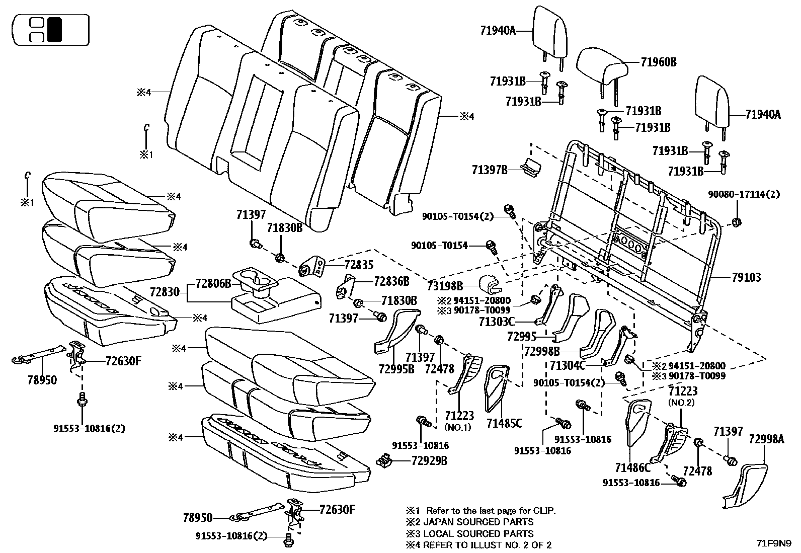 Toyota HILUX 座椅和座椅滑轨 EPC diagram — 71F9N9