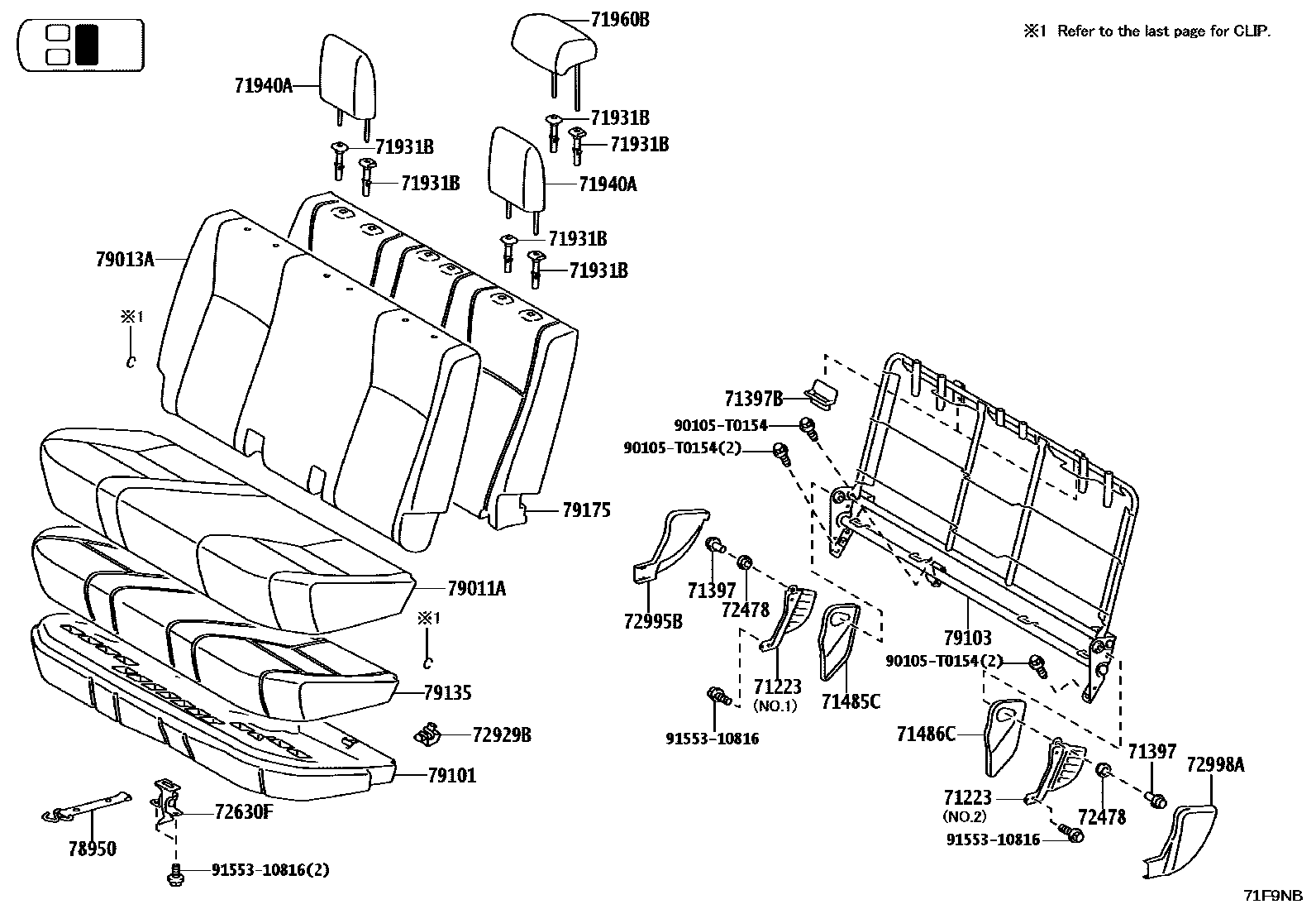 Toyota HILUX 座椅和座椅滑轨 EPC diagram — 71F9NB