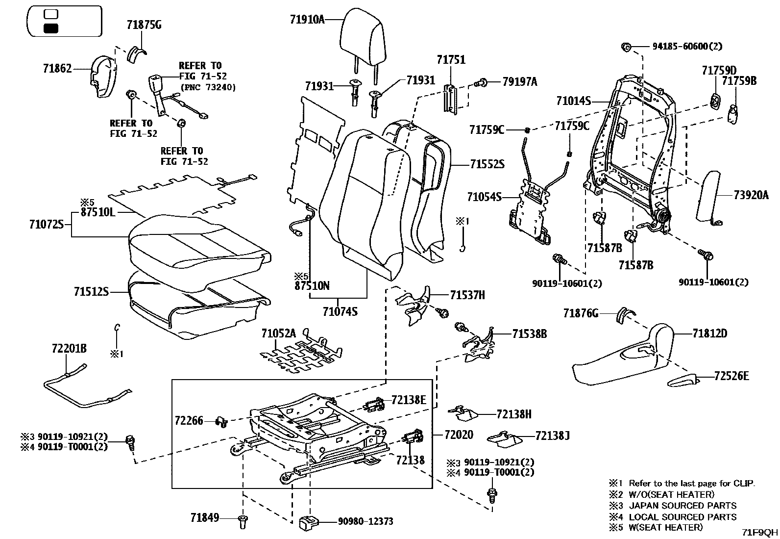 Toyota HILUX 座椅和座椅滑轨 EPC diagram — 71F9QH