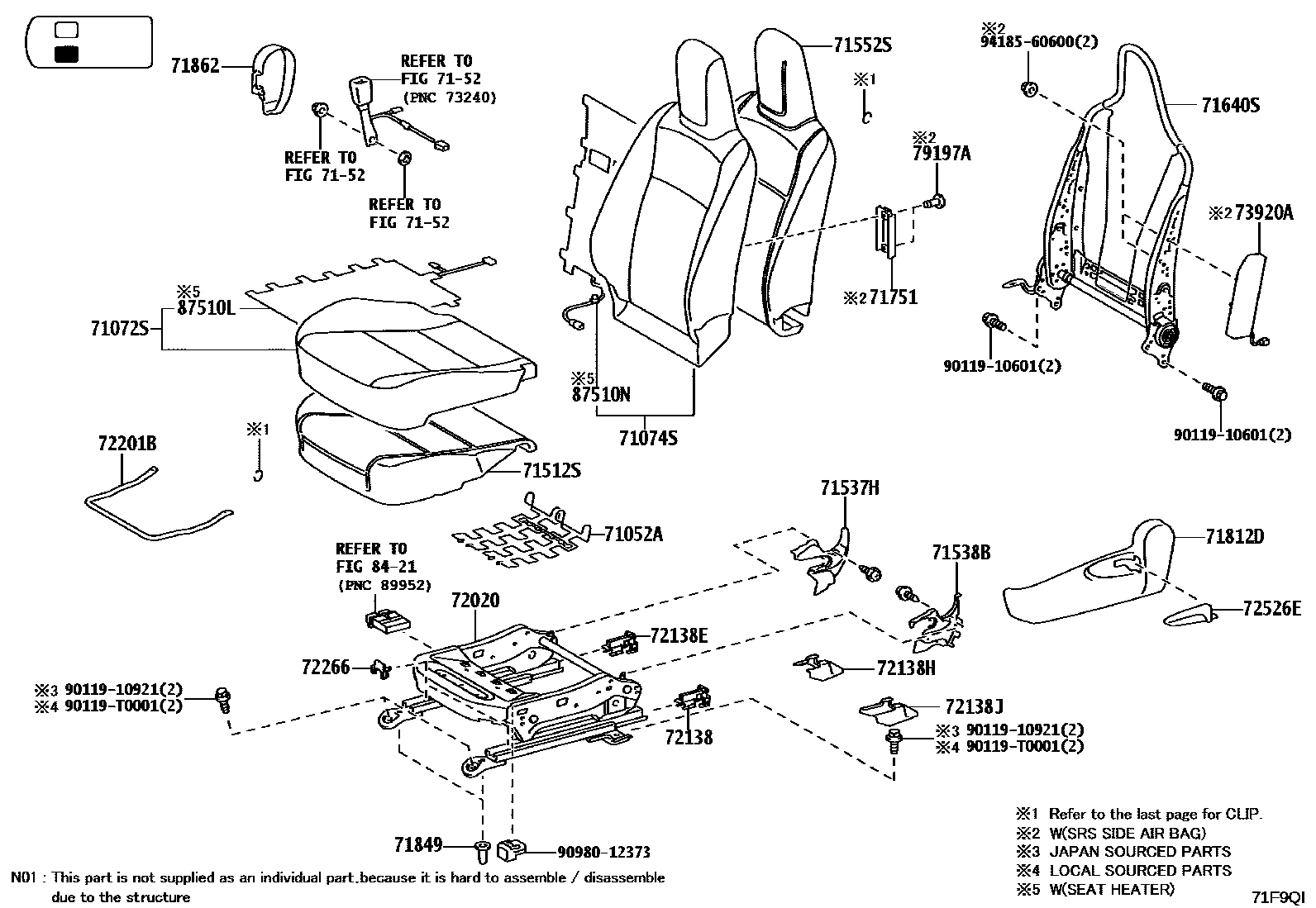Toyota HILUX 座椅和座椅滑轨 EPC diagram — 71F9QI