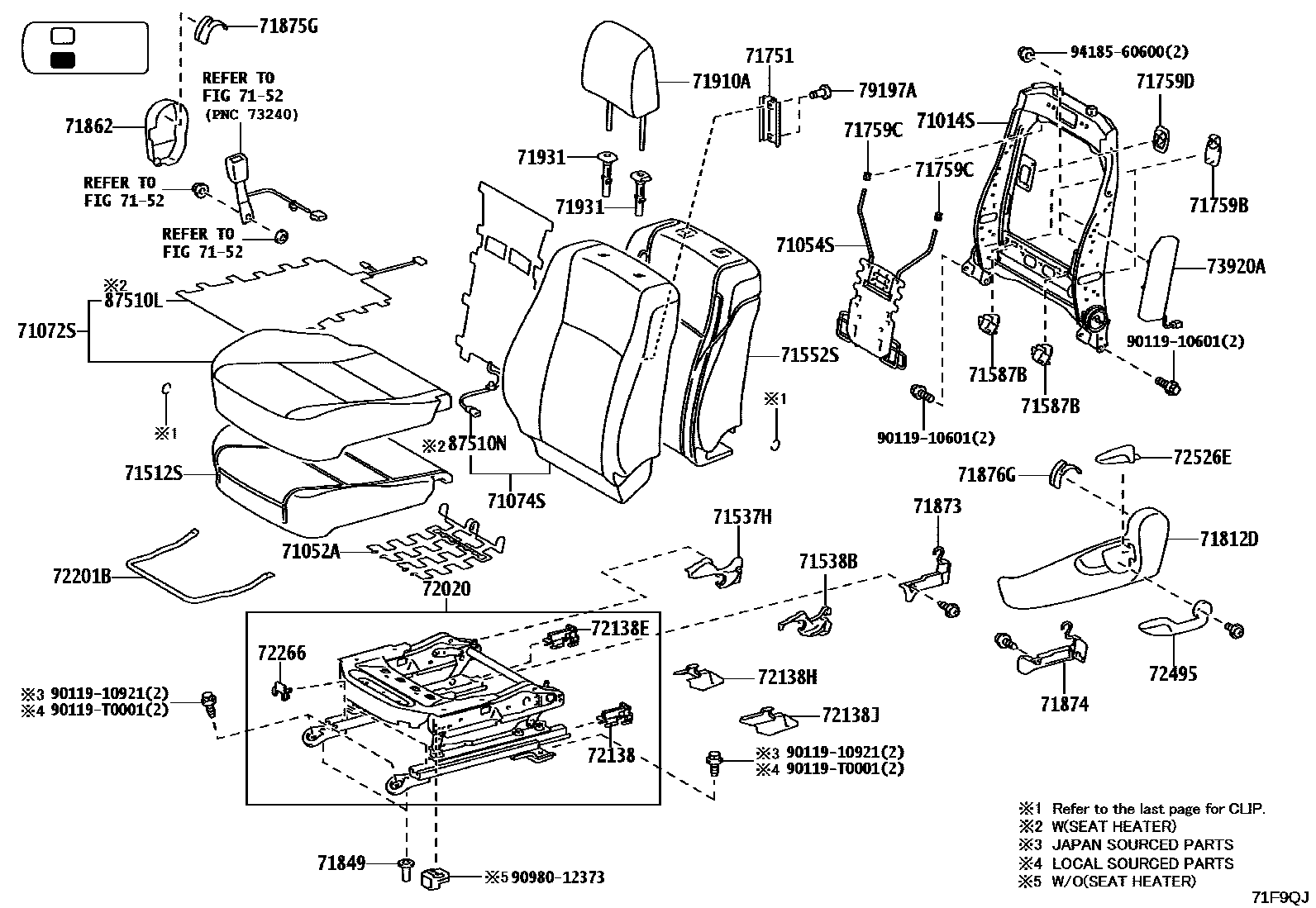 Toyota HILUX 座椅和座椅滑轨 EPC diagram — 71F9QJ