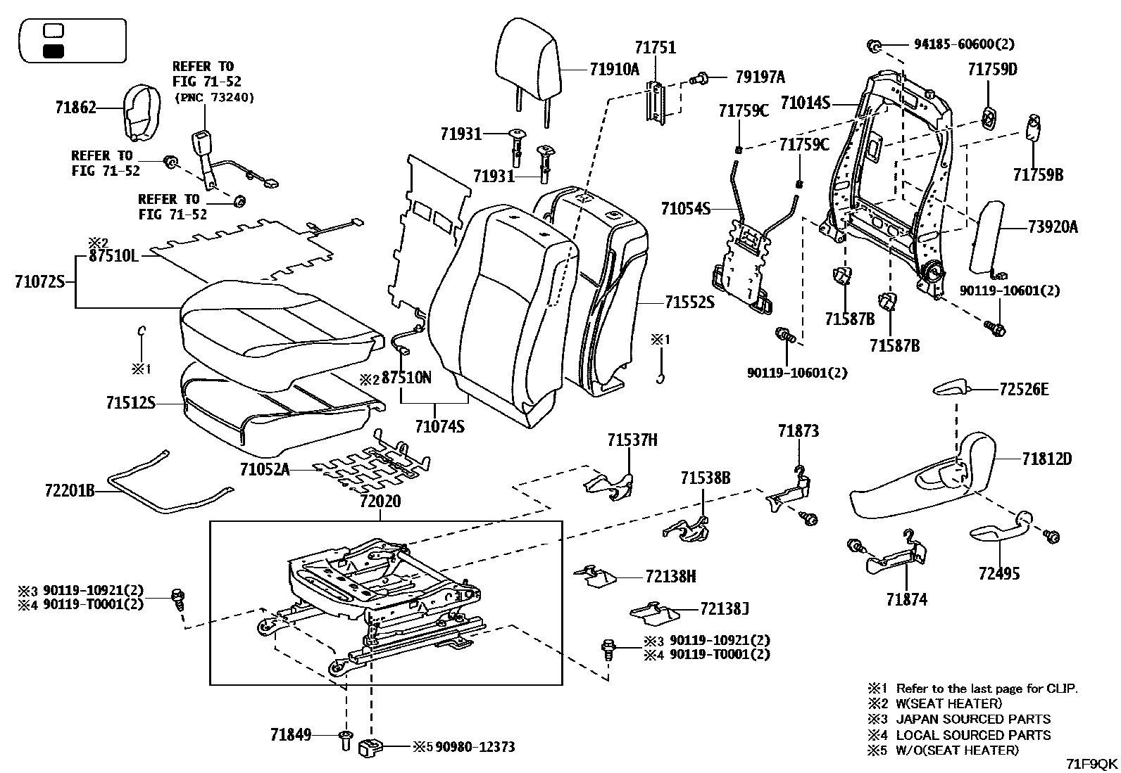 Toyota HILUX 座椅和座椅滑轨 EPC diagram — 71F9QK