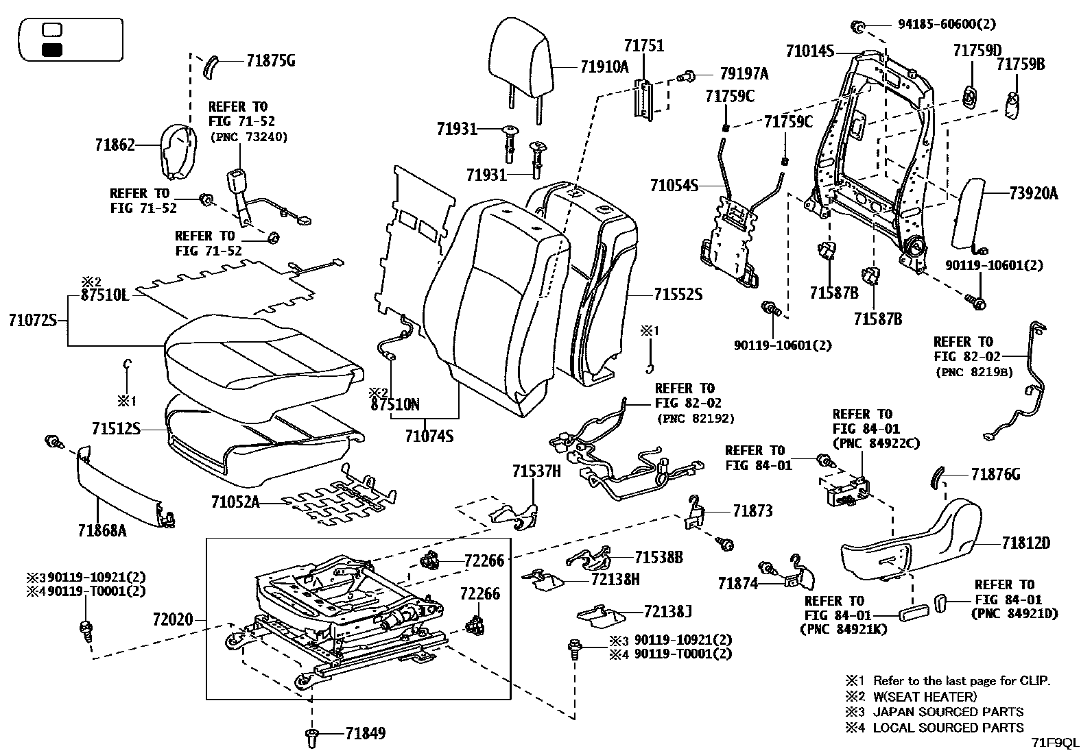 Toyota HILUX 座椅和座椅滑轨 EPC diagram — 71F9QL
