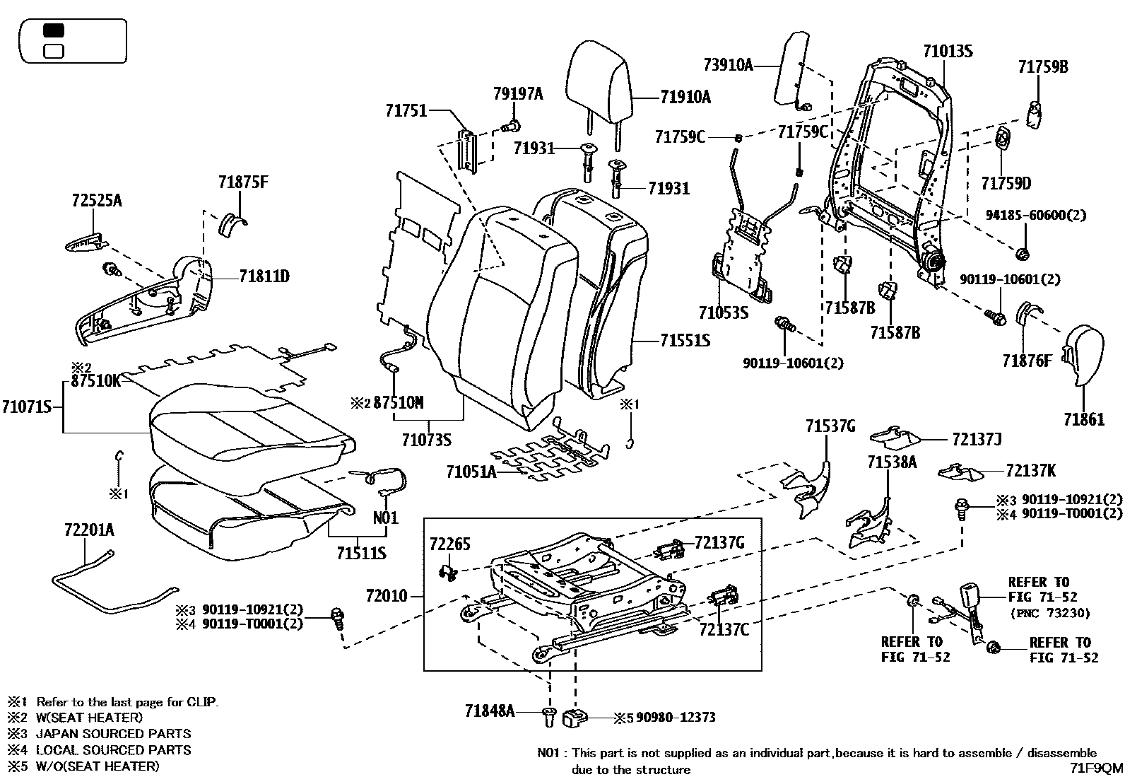 Toyota HILUX 座椅和座椅滑轨 EPC diagram — 71F9QM