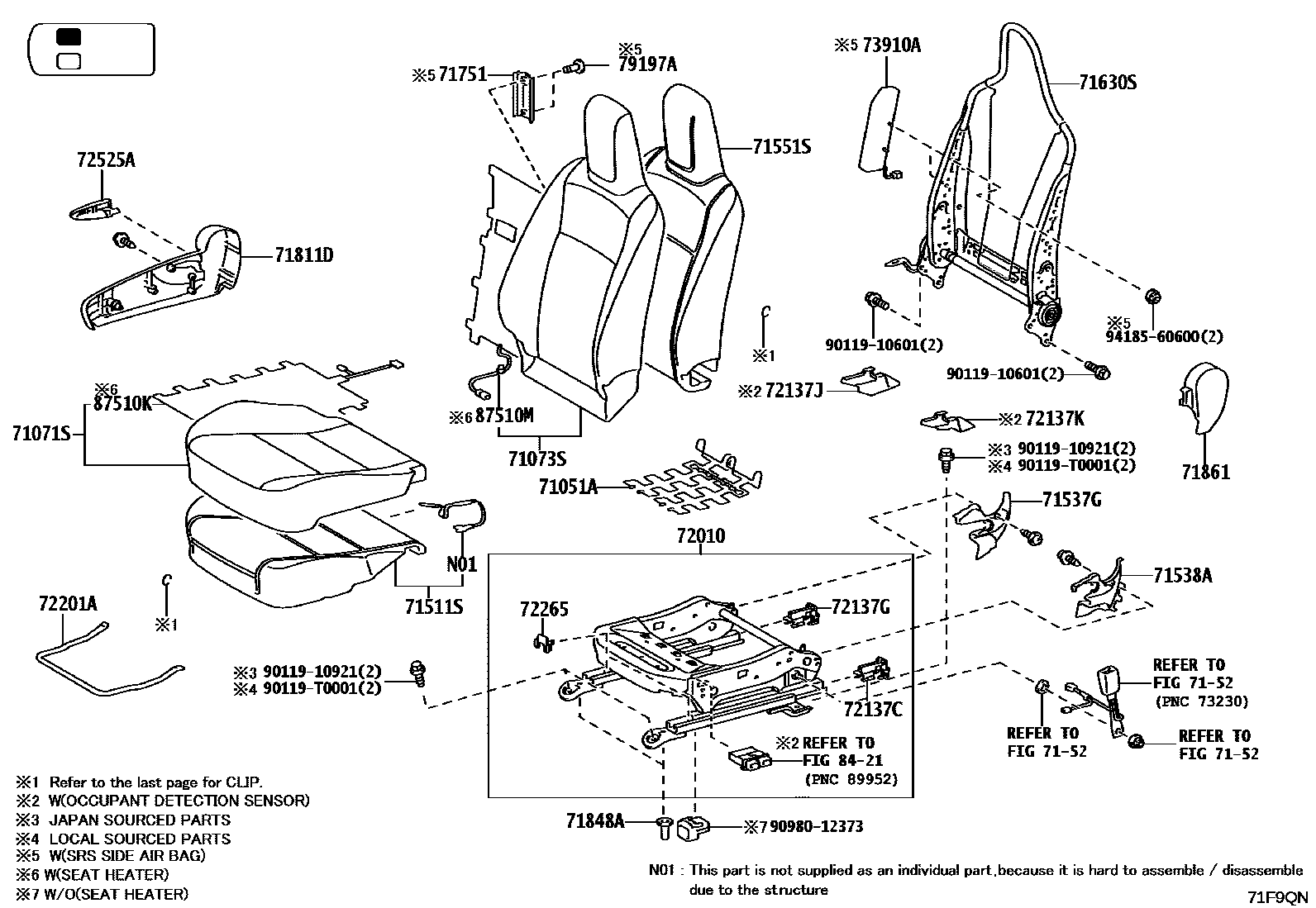 Toyota HILUX 座椅和座椅滑轨 EPC diagram — 71F9QN
