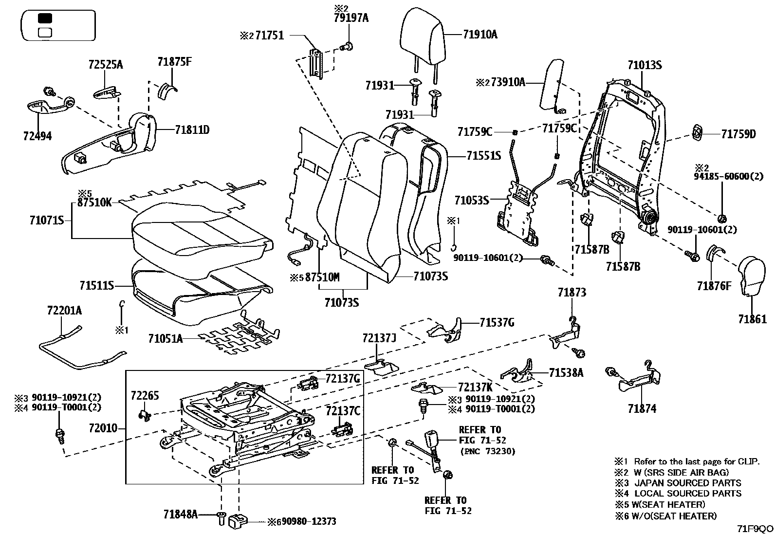 Toyota HILUX 座椅和座椅滑轨 EPC diagram — 71F9QO