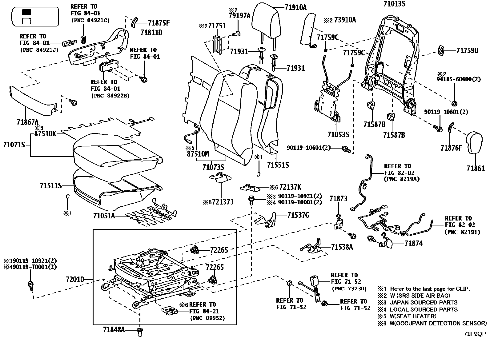 Toyota HILUX 座椅和座椅滑轨 EPC diagram — 71F9QP