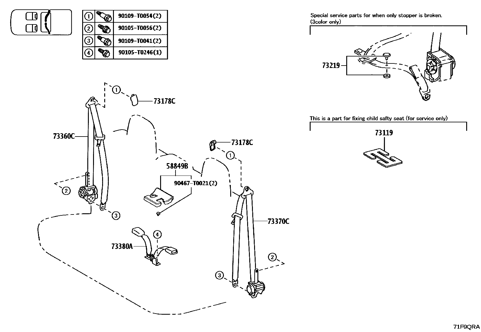 Toyota HILUX seat belt EPC diagram — 71F9QRA