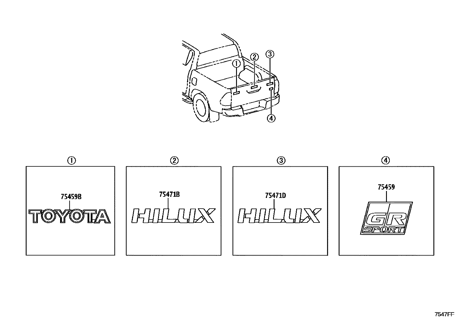 Toyota HILUX 徽标和铭牌 EPC diagram — 7547FF