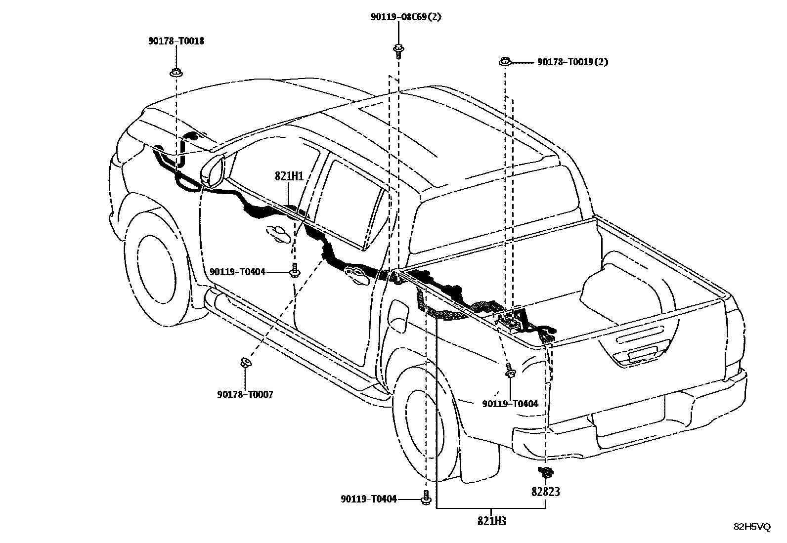 Toyota HILUX 线束和卡夹 EPC diagram — 82H5VQ