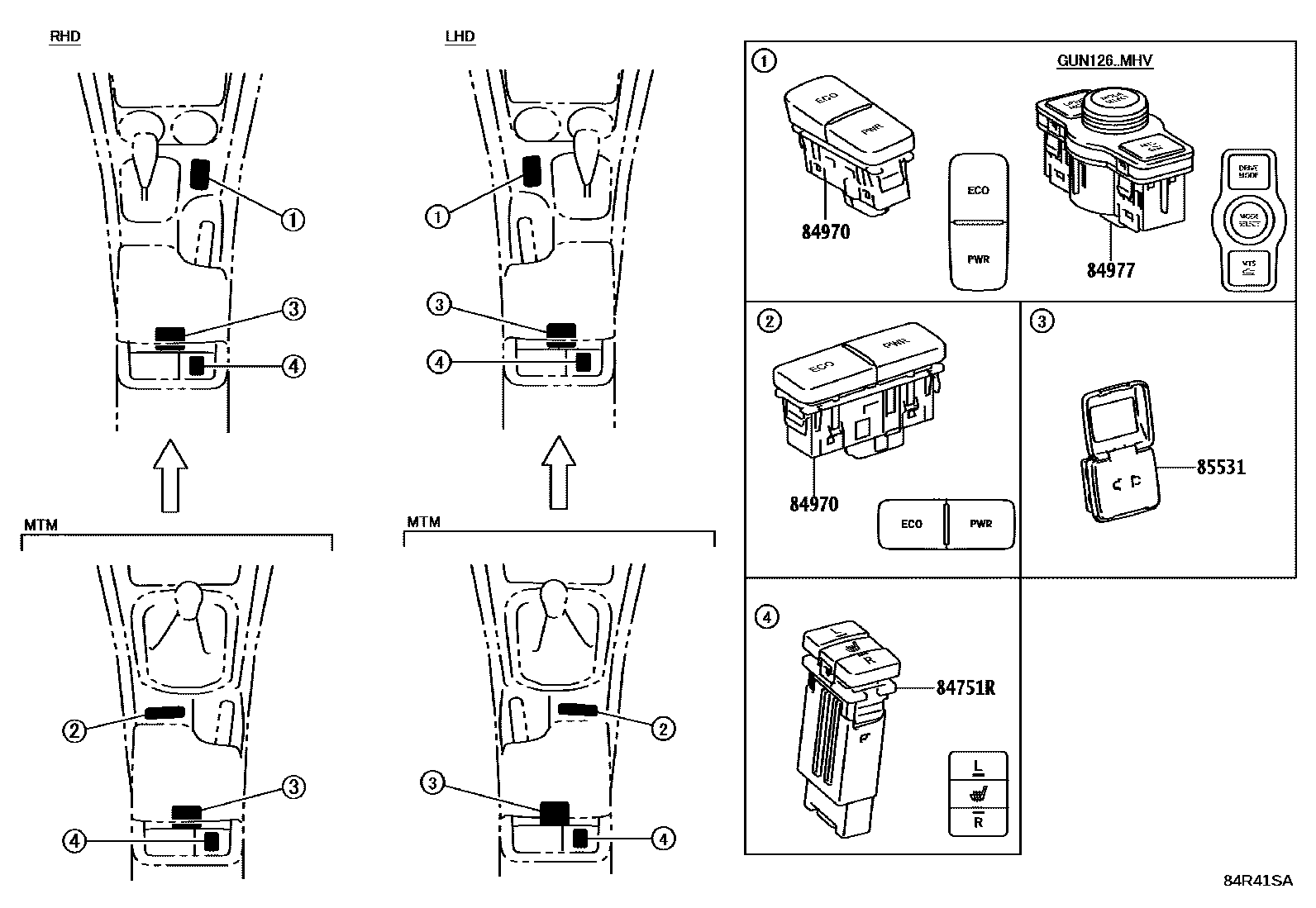 Toyota HILUX 开关和继电器和ECU EPC diagram — 84R41SA