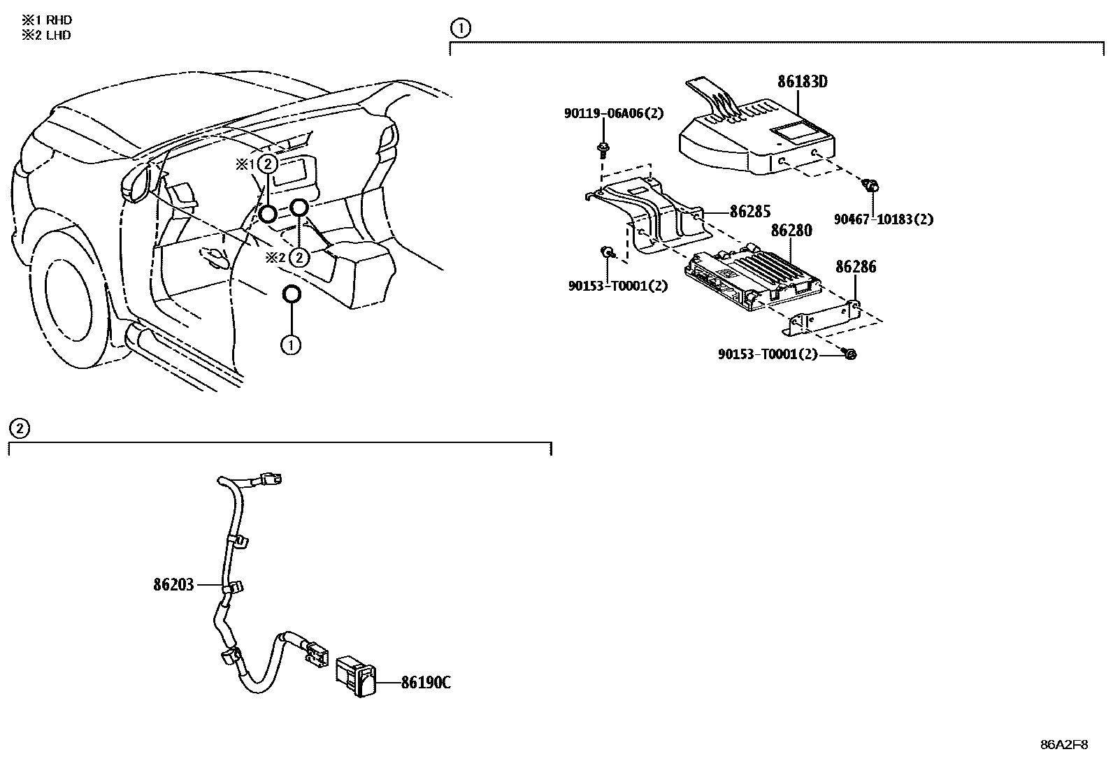 Toyota HILUX 收音机、放大器和冷凝器 EPC diagram — 86A2F8