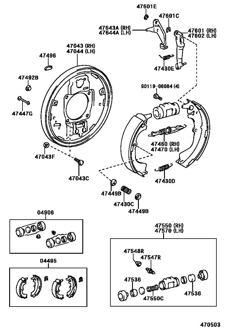 Toyota HILUX 后鼓式制动器分泵和底板 EPC diagram — 470503