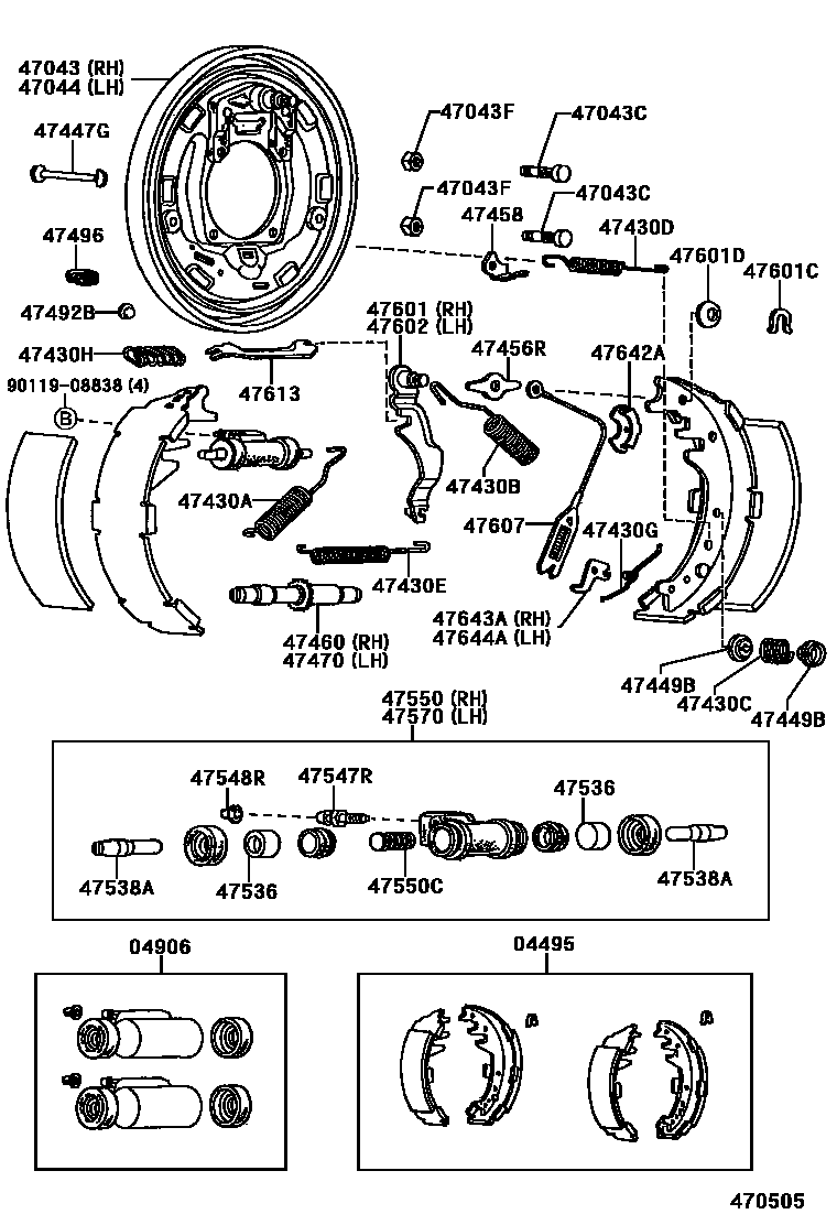 Toyota HILUX 后鼓式制动器分泵和底板 EPC diagram — 470505