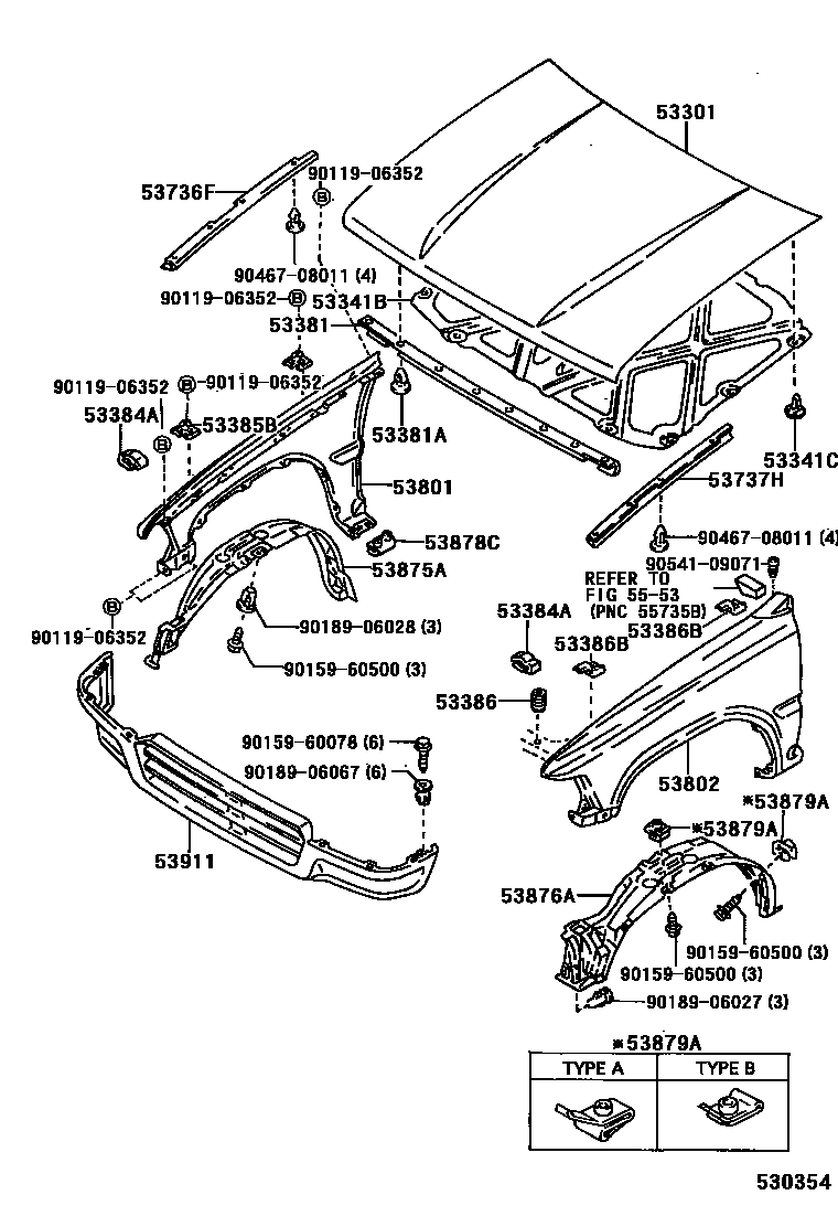 Toyota HILUX 发动机盖和前翼子板 EPC diagram — 530354