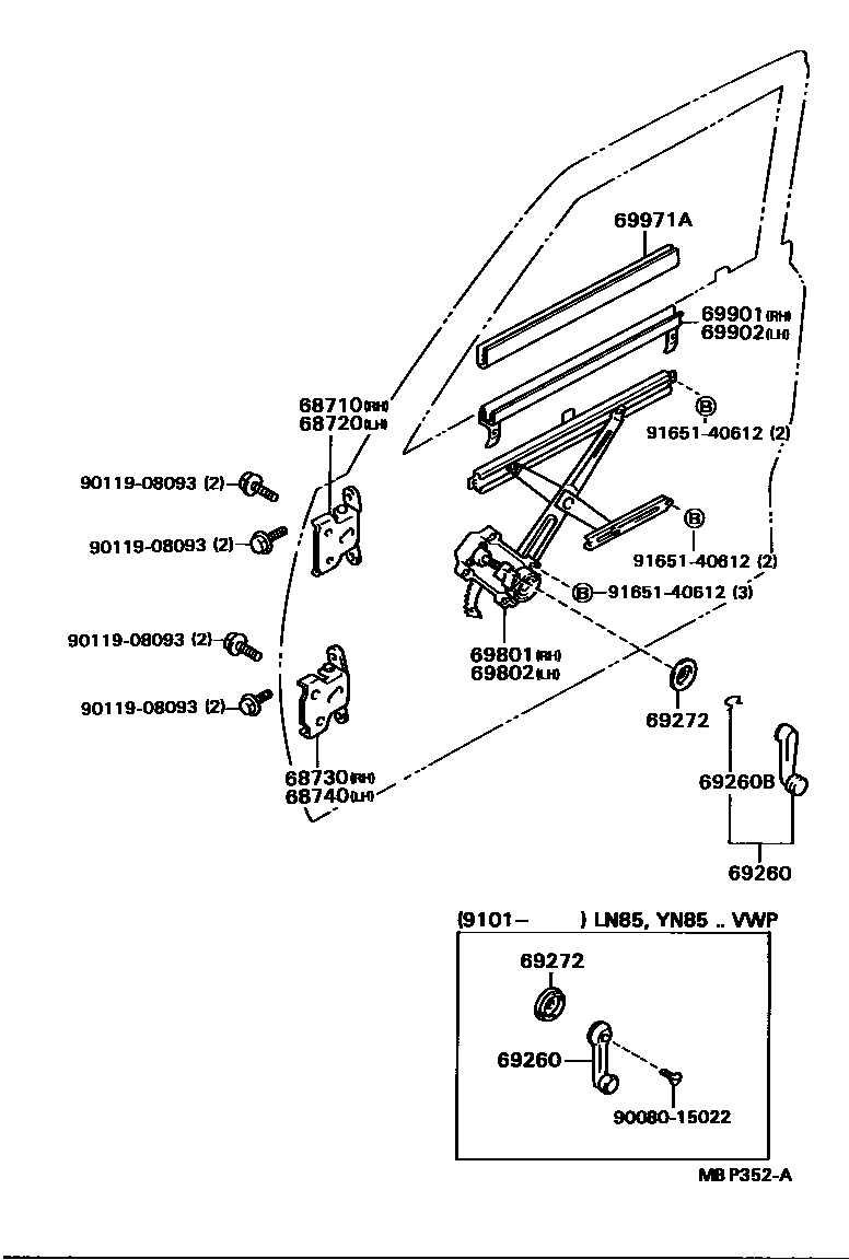 Toyota HILUX 前门车窗升降器和合页 EPC diagram — MBP352A