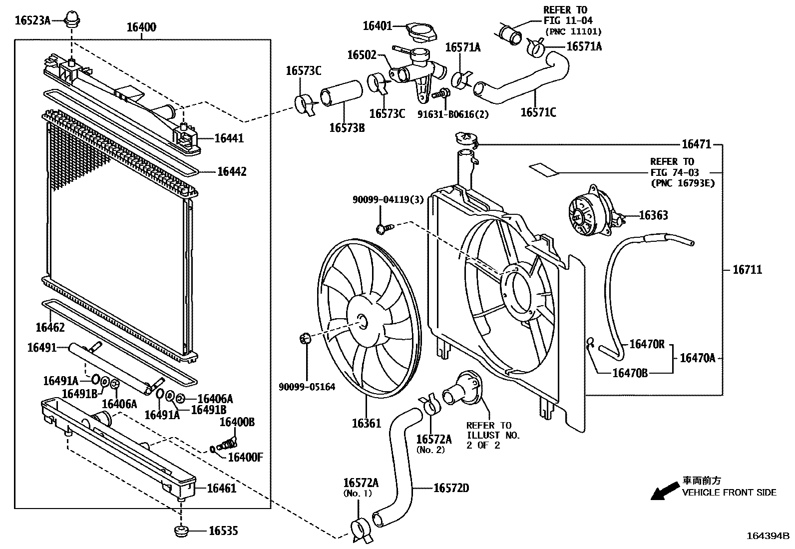 Toyota YARIS RADIATOR & WATER OUTLET EPC diagram — 164394B