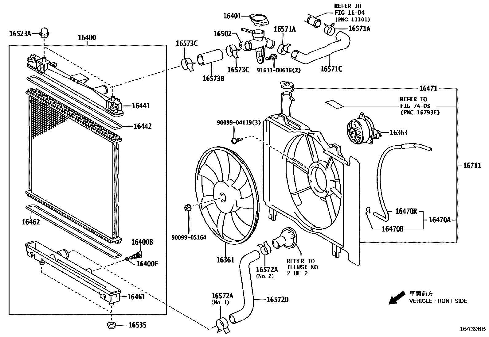 Toyota YARIS RADIATOR & WATER OUTLET EPC diagram — 164396B