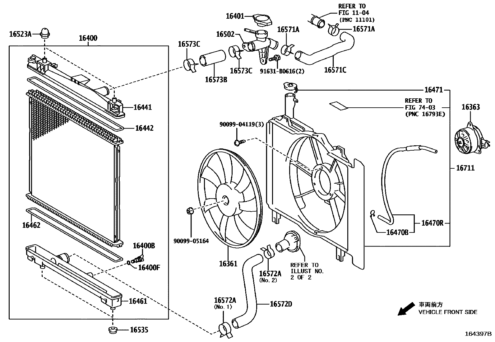 Toyota YARIS RADIATOR & WATER OUTLET EPC diagram — 164397B