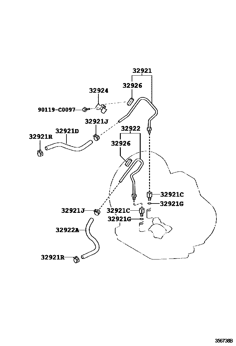 Toyota YARIS 变速器油冷却器和配管(ATM) EPC diagram — 356738B