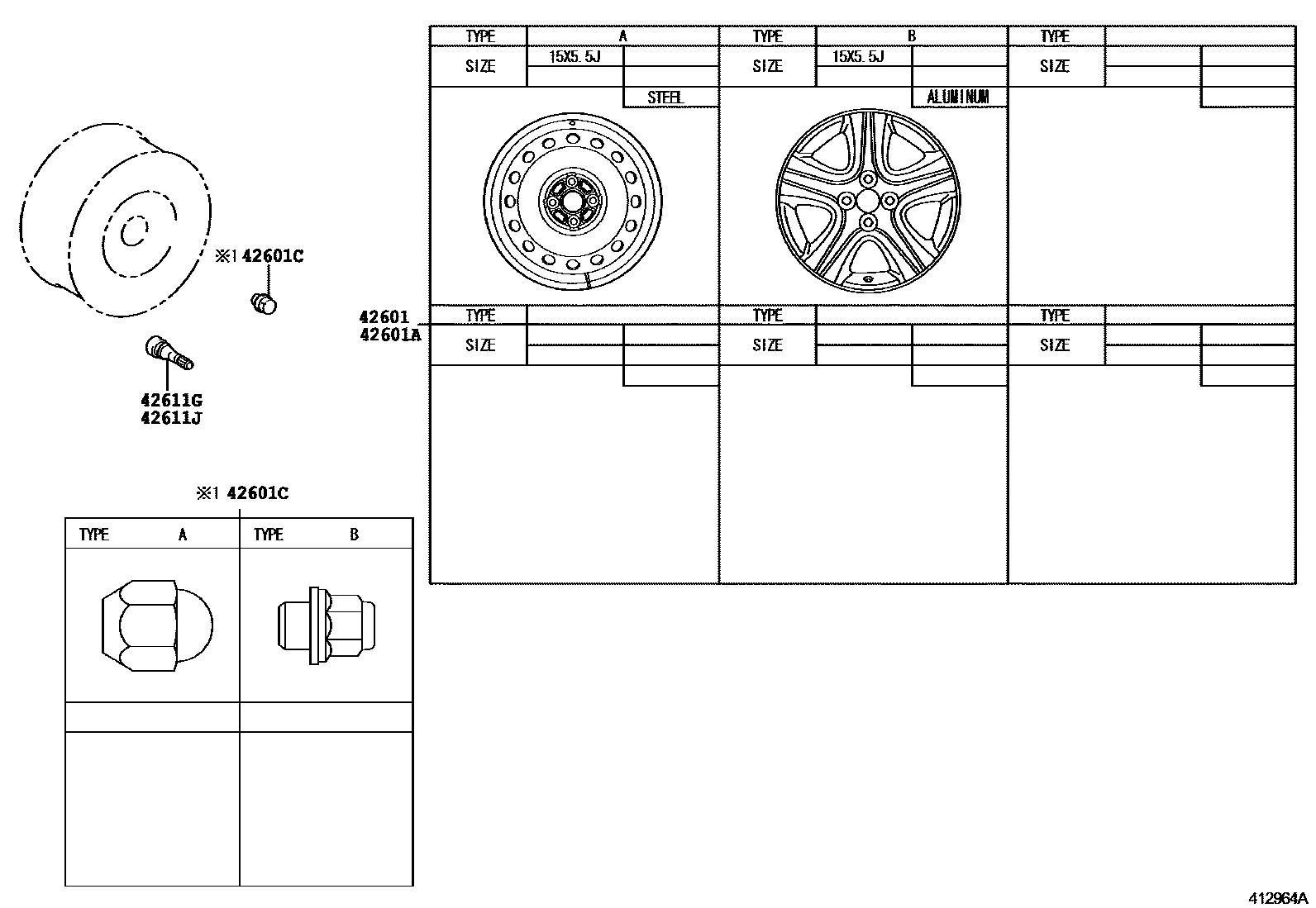 Toyota YARIS 车轮和车轮盖 EPC diagram — 412964A