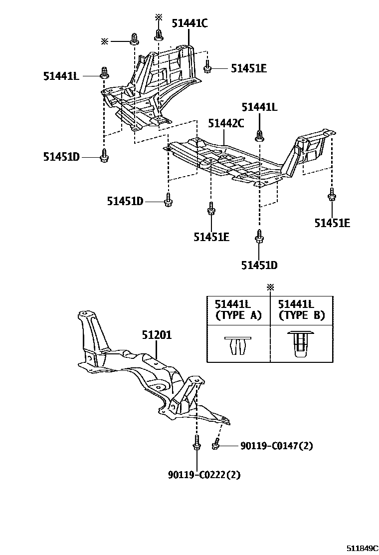 Toyota YARIS 悬架横梁和发动机底罩 EPC diagram — 511849C