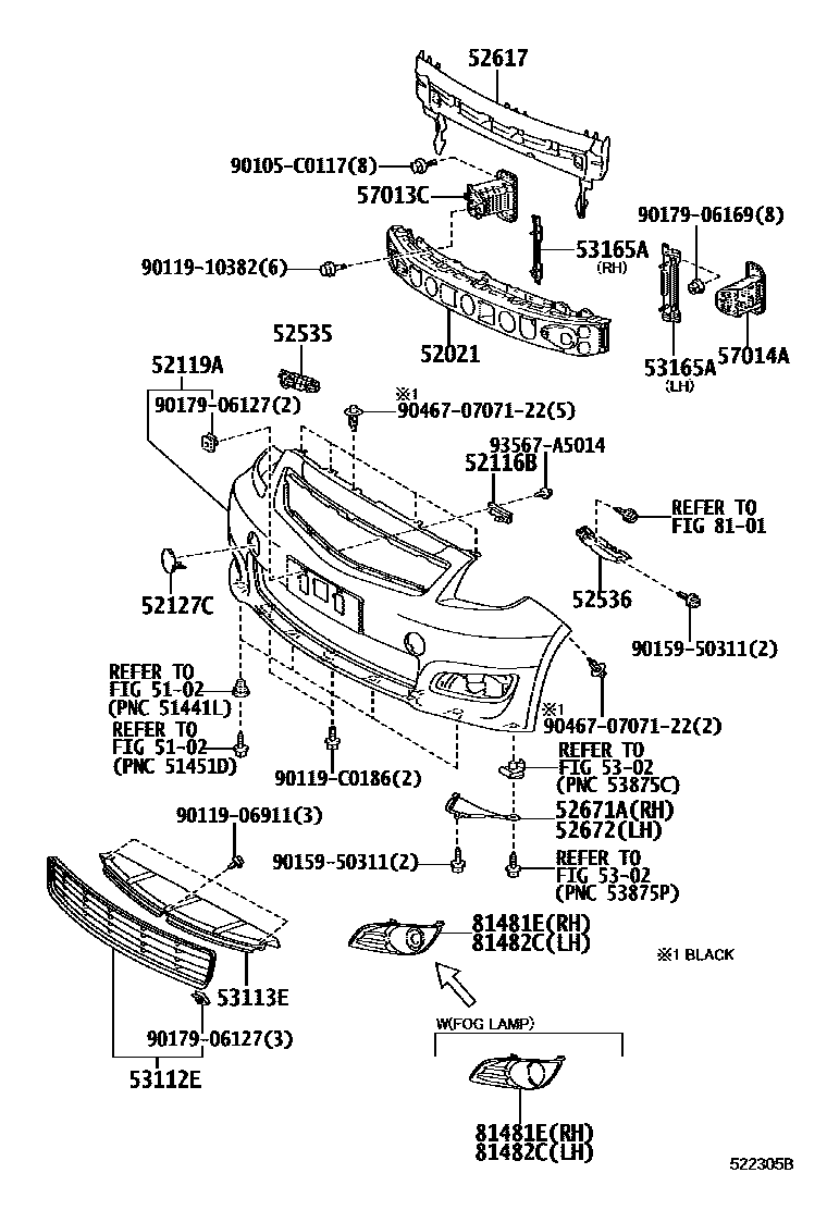 Toyota YARIS 前保险杠及附件 EPC diagram — 522305B