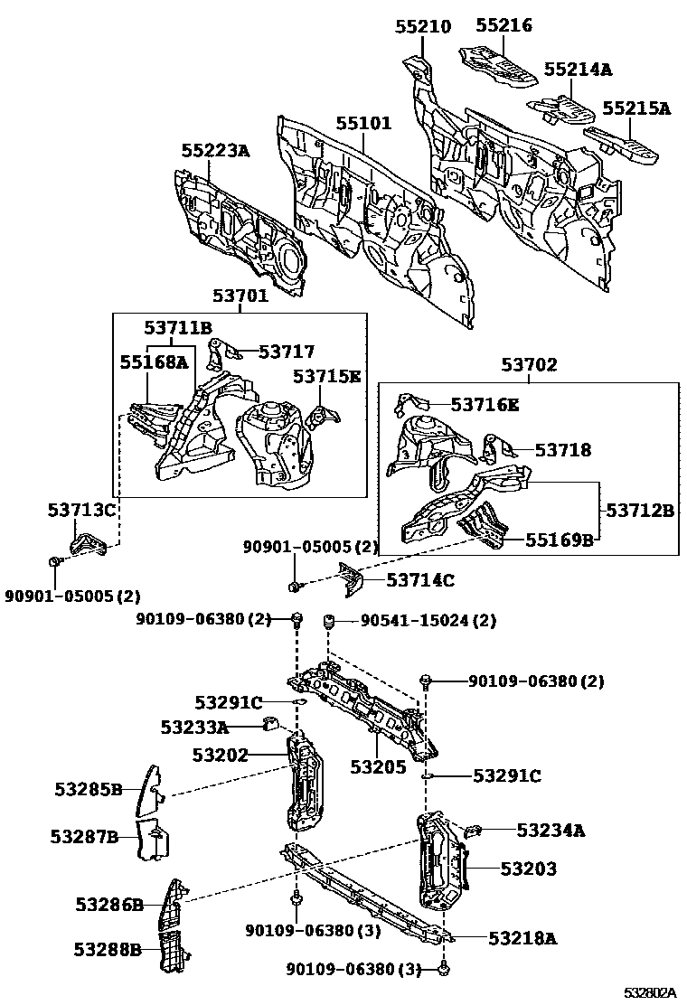 Toyota YARIS 前翼子板挡泥板和前围板 EPC diagram — 532802A