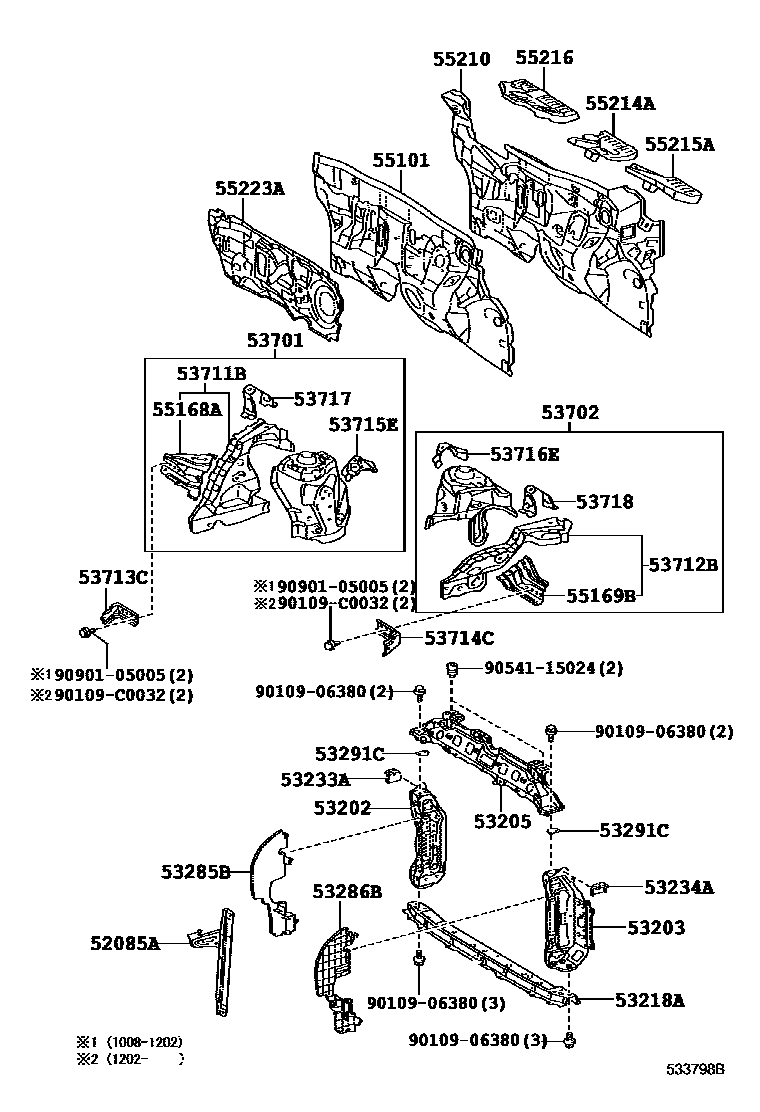 Toyota YARIS 前翼子板挡泥板和前围板 EPC diagram — 533798B