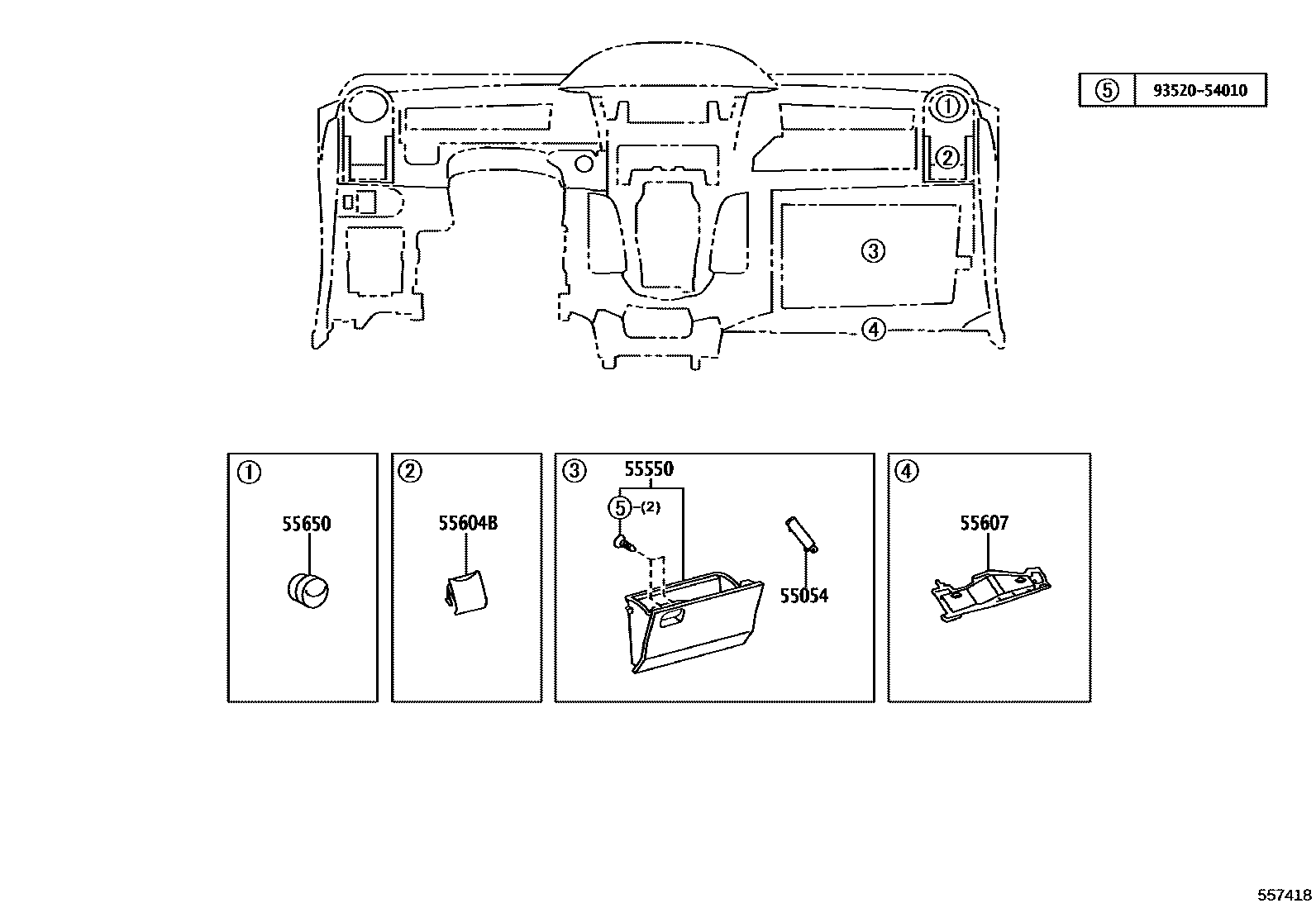 Toyota YARIS 仪表板和手套箱 EPC diagram — 557418