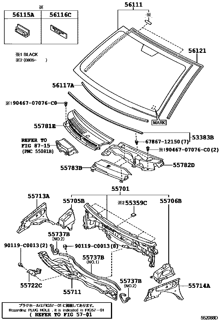 Toyota YARIS 前围板和挡风玻璃 EPC diagram — 552088D