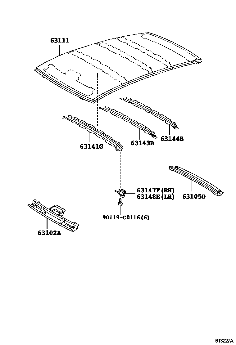 Toyota YARIS 天窗板和背窗玻璃 EPC diagram — 613227A