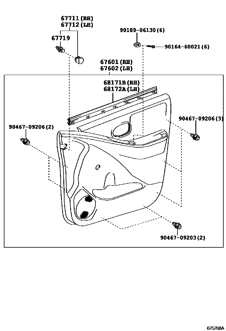 Toyota YARIS 前门板和前门玻璃 EPC diagram — 675708A