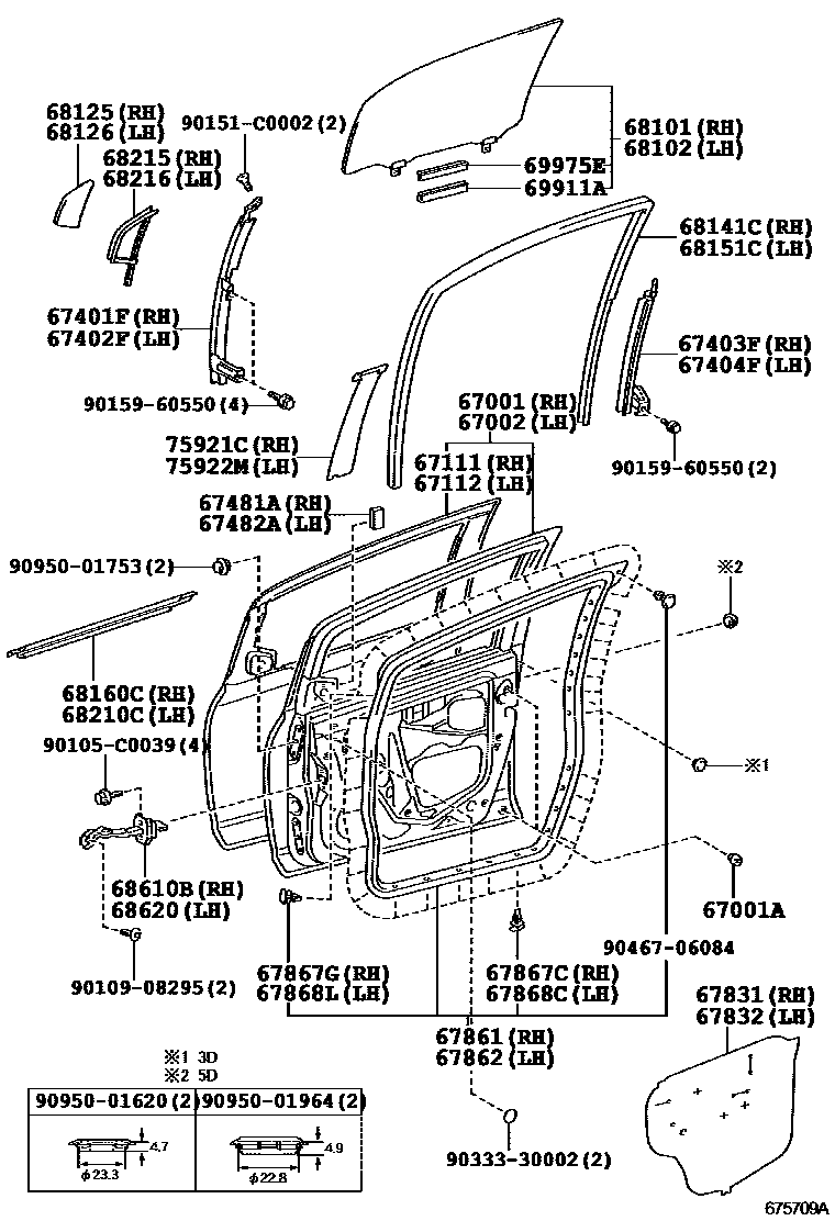 Toyota YARIS 前门板和前门玻璃 EPC diagram — 675709A