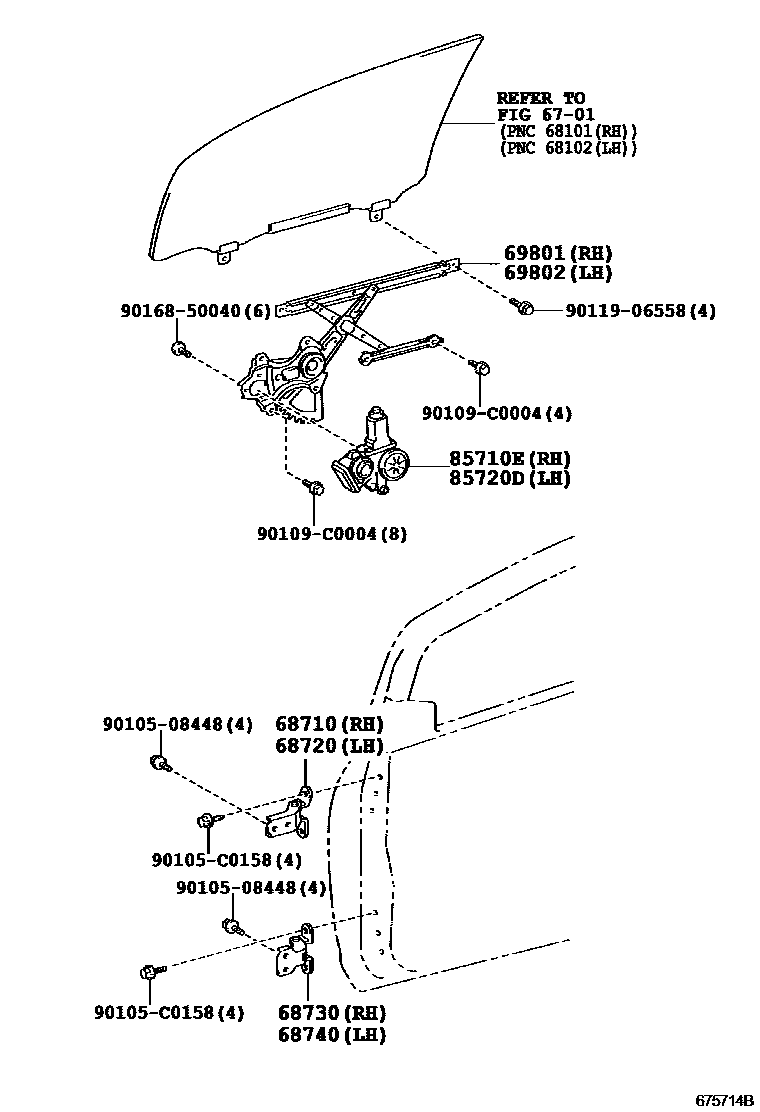 Toyota YARIS 前门车窗升降器和合页 EPC diagram — 675714B