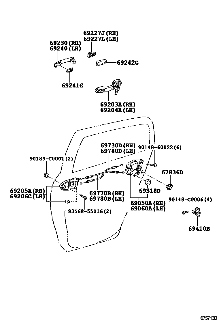 Toyota YARIS 后门锁和后门把手 EPC diagram — 675713B