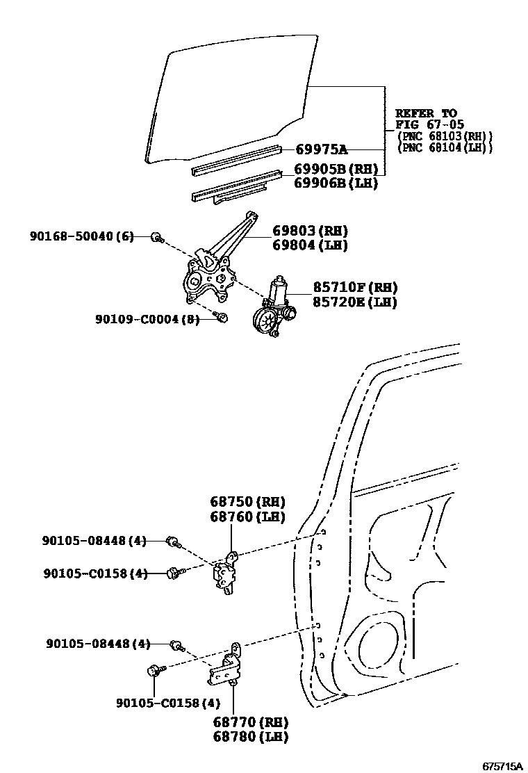 Toyota YARIS 后门车窗升降器和合页 EPC diagram — 675715A