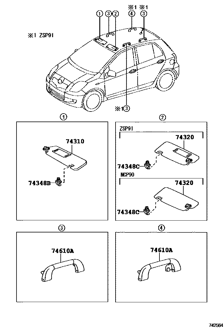 Toyota YARIS 扶手和遮阳板 EPC diagram — 742564