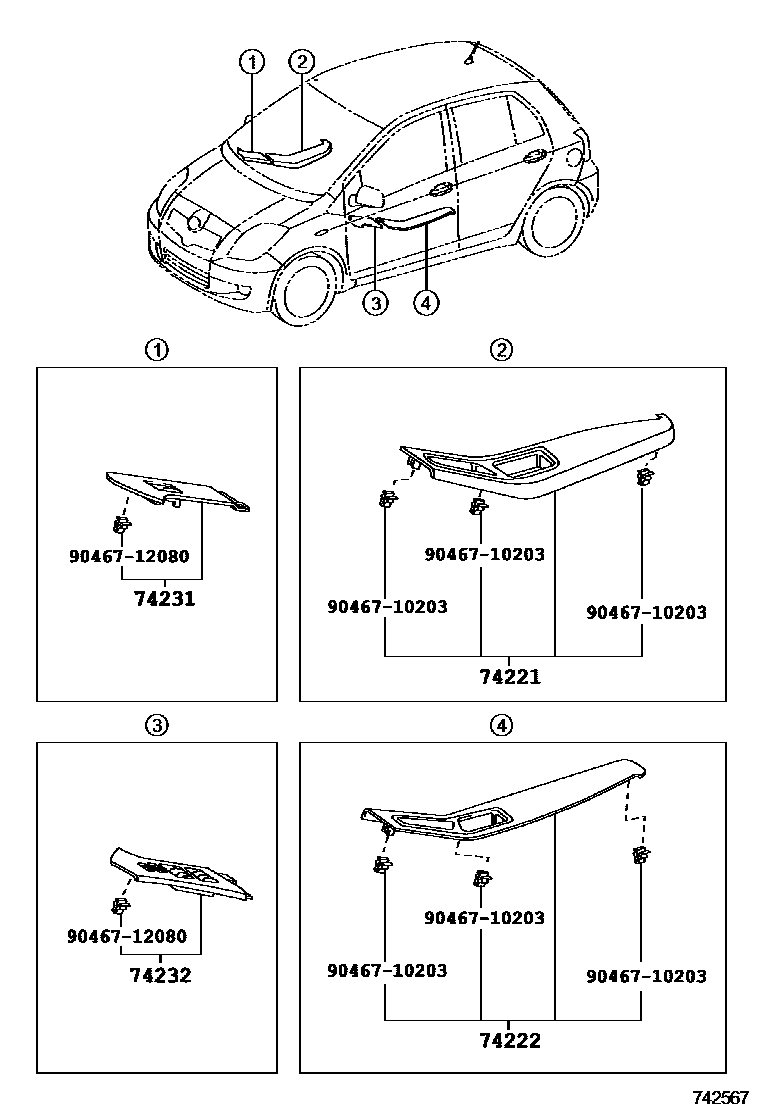 Toyota YARIS 扶手和遮阳板 EPC diagram — 742567