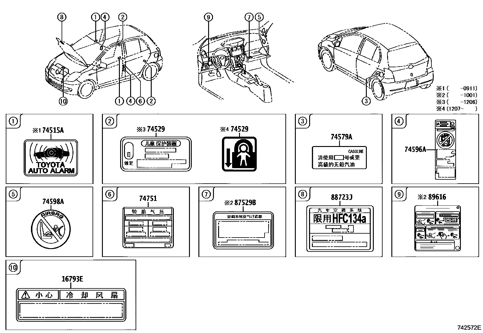 Toyota YARIS 警示铭牌(车外和车内) EPC diagram — 742572E